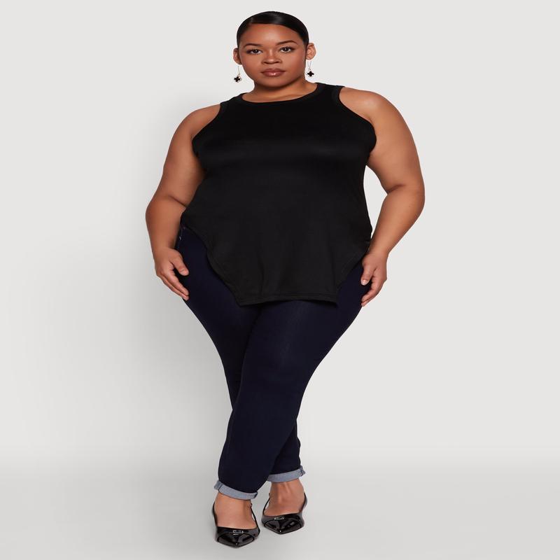 Plus Size Side Slit Crew Neck Tank Top