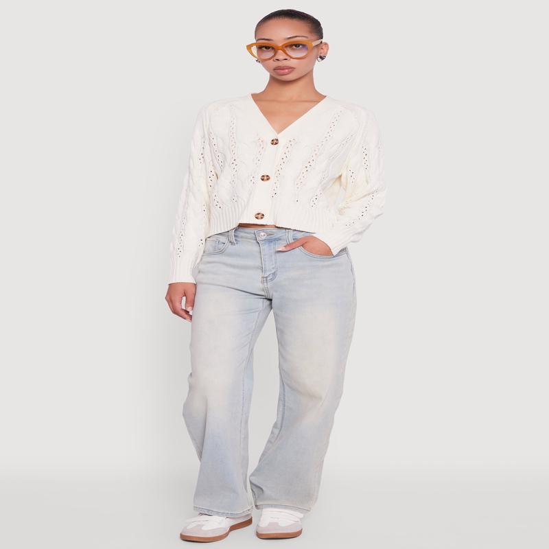 Pointelle Detail Cable Knit Button Front Cardigan