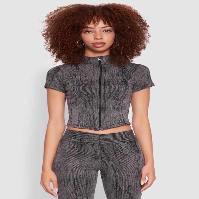 Ribbed Knit Mineral Wash Zip Front Top