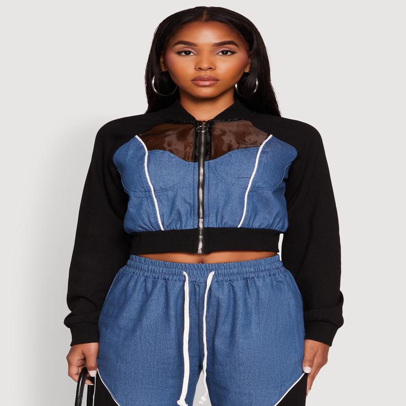 Color Block Sheer Insert Bustier Detail Bomber Jacket