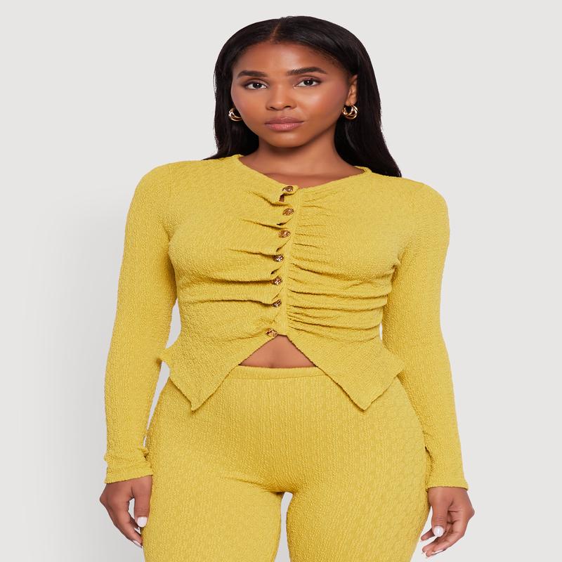 Textured Knit Metallic Button Front Ruched Crop Top