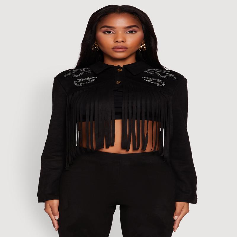 Trendy Faux Suede Fringe Cropped Jacket