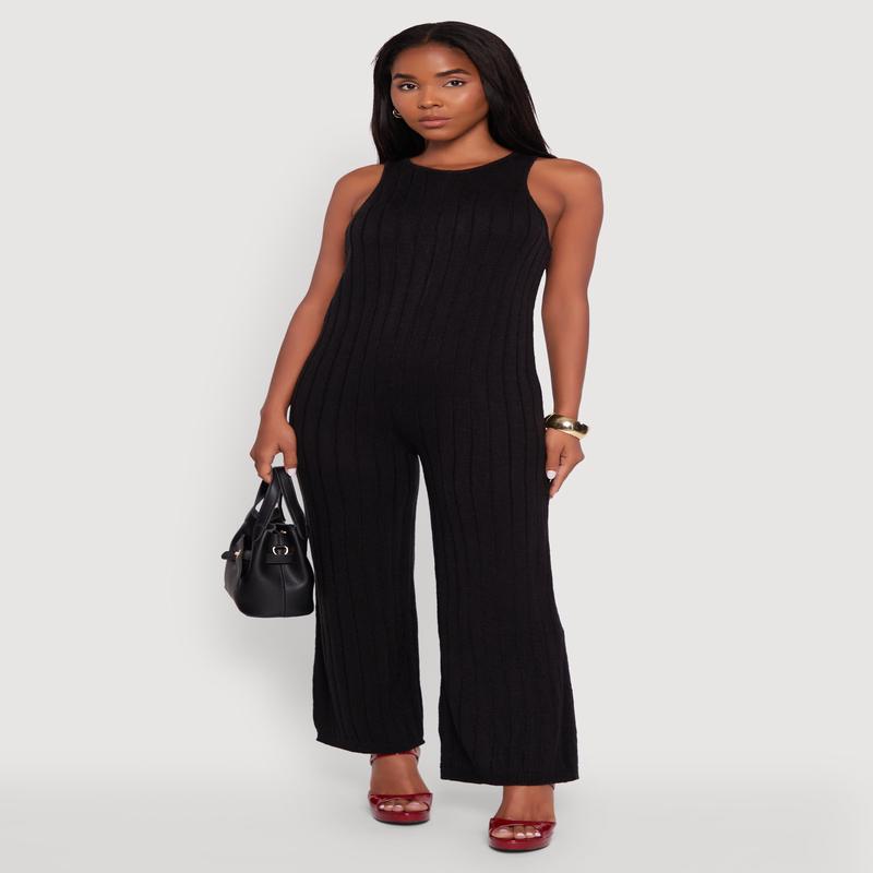 Button Back Keyhole Ribbed Knit Jumpsuit