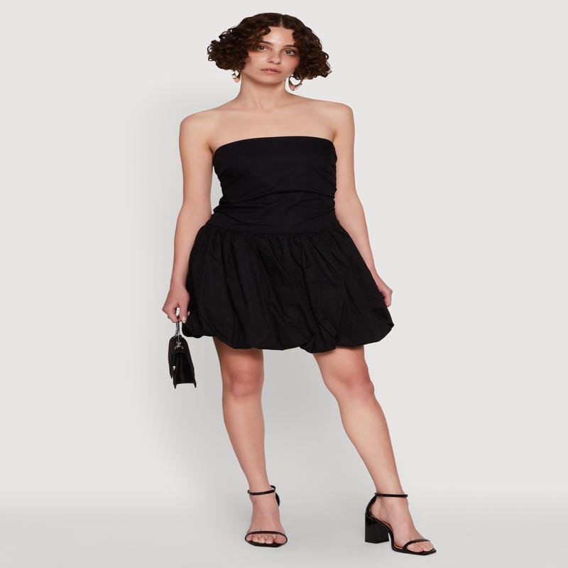 Chic Strapless Poplin Dress with Bubble Hem and Tie Back