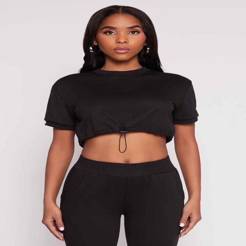French Terry Toggle Drawstring Hem Crop Top