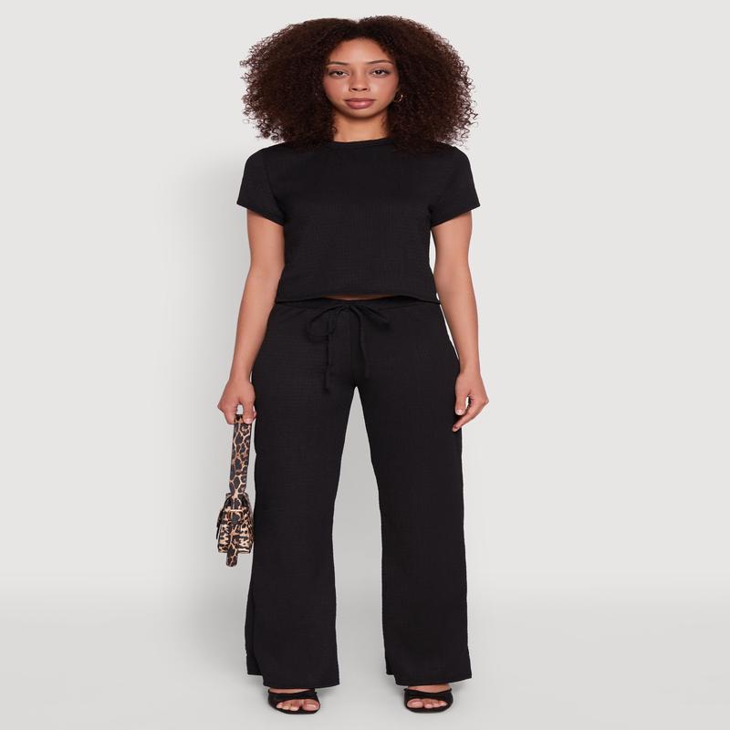 Casual Textured Knit Straight Leg Pants with Faux Drawstring