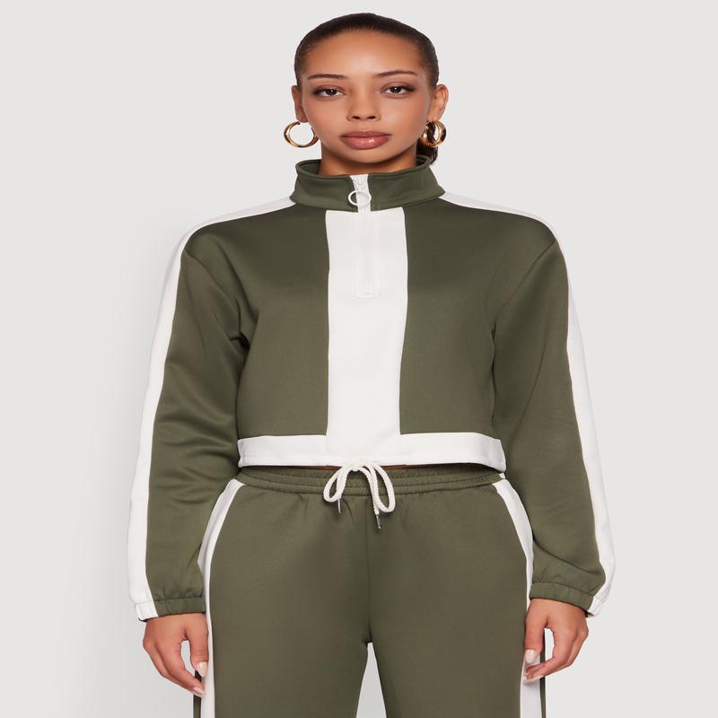 Contrast Trim Half Zip Drawstring Hem Pullover Top