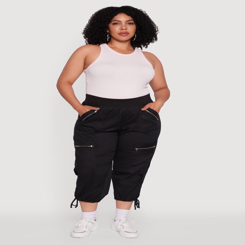 Plus Size Elastic High Waisted Drawstring Hem Capris Pants