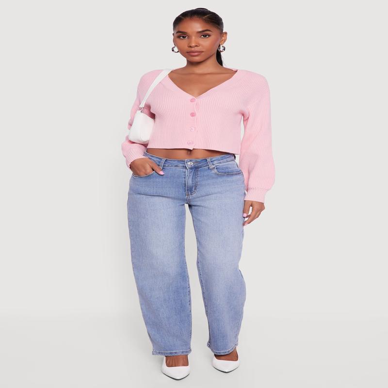 Rib Knit Cropped V-Neck Button Front Cardigan