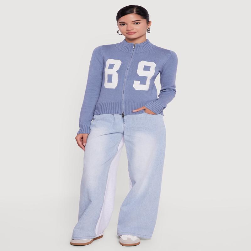 89 Graphic Mock Neck Zip Front Sweater