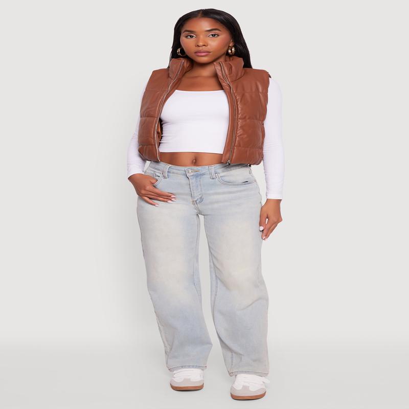 Faux Leather Mock Neck Puffer Vest