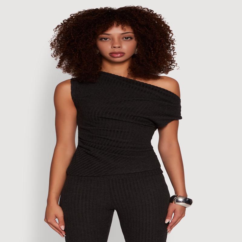 Ribbed Knit Solid One Shoulder Blouse