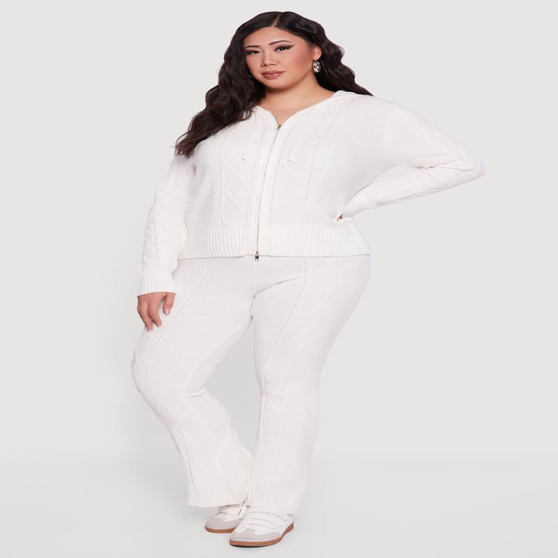 Plus Size High Waisted Cable Knit Flare Leg Pants