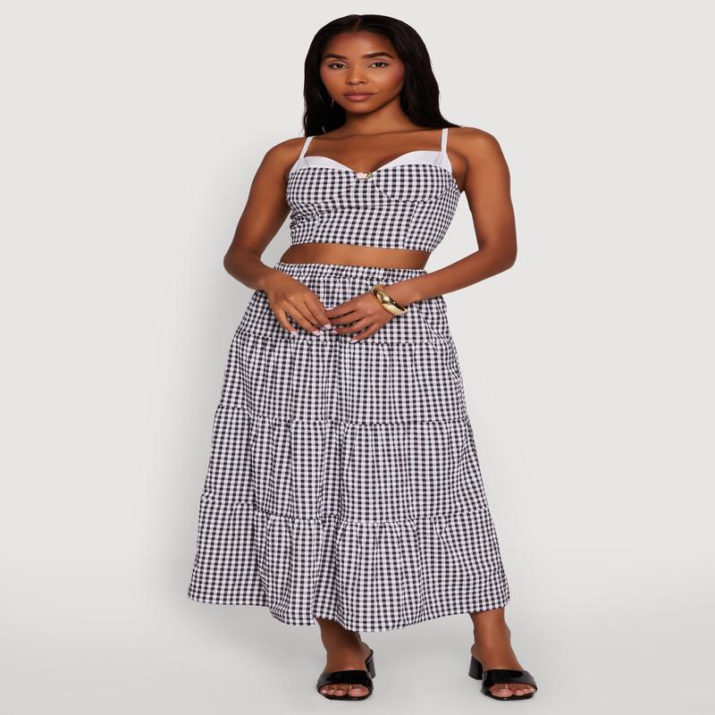 High Waisted Gingham Tiered Skirt