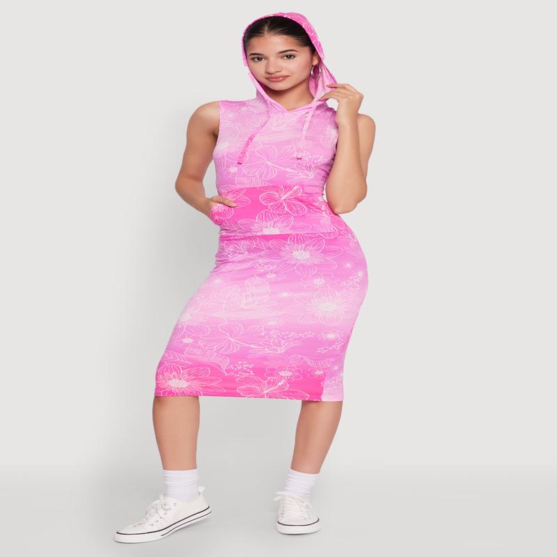 Hooded Ombre Floral Print Tank Dress