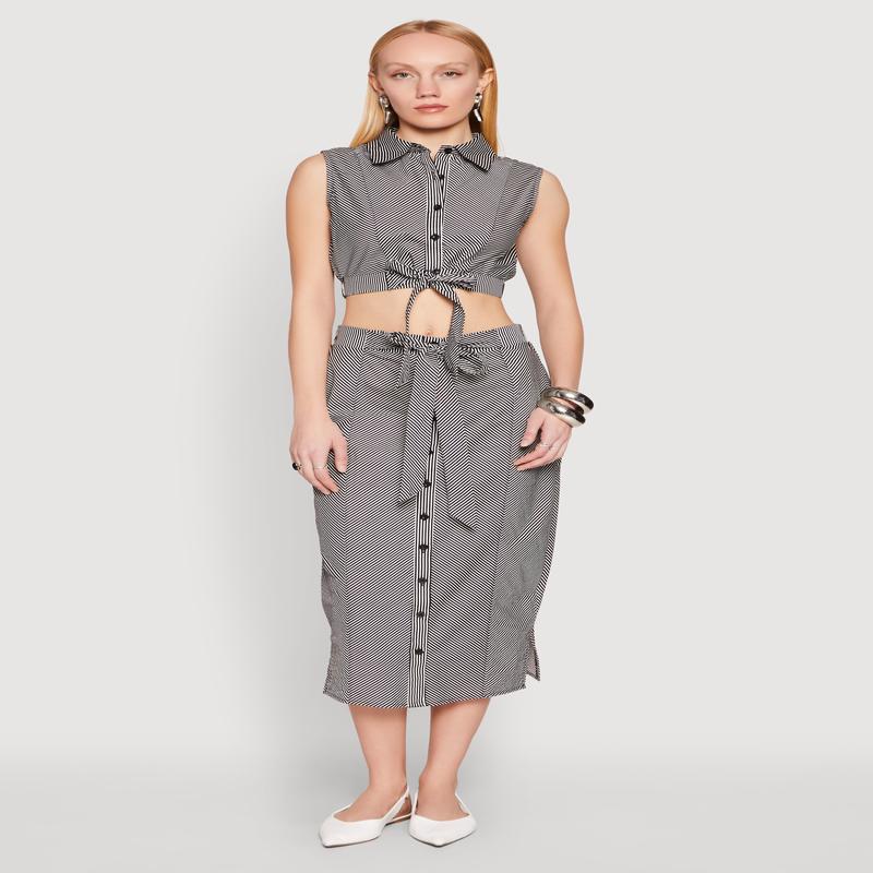 Striped Tie Front Midi Skirt