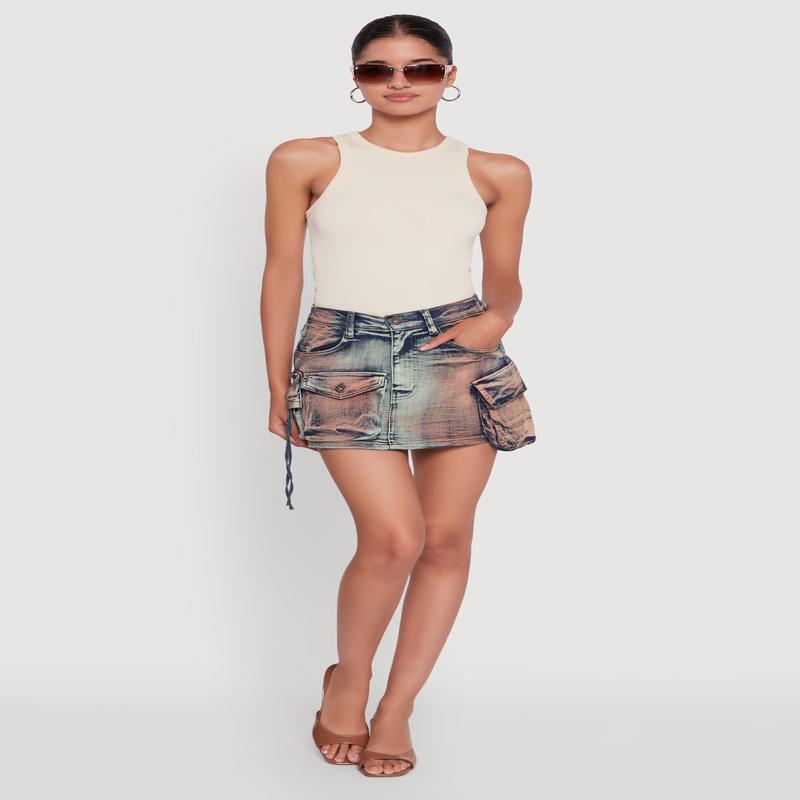 Trendy Acid Wash High Waisted Denim Mini Skirt