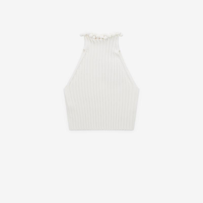 Alaia - Women's Ribbed Knit Curled Trimmed Halter Top - (White)