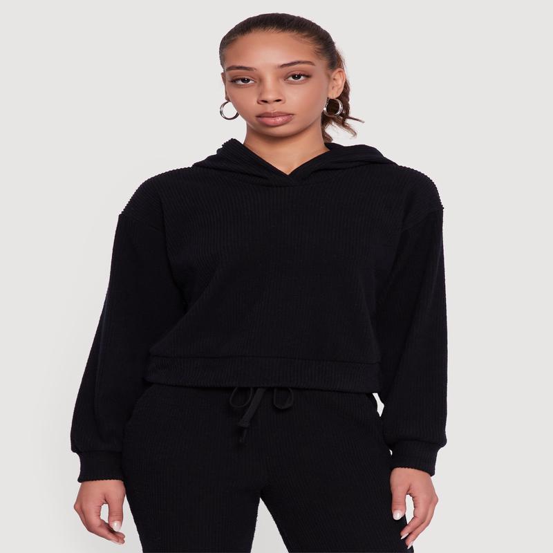 Brushed Rib Knit Pullover Hoodie