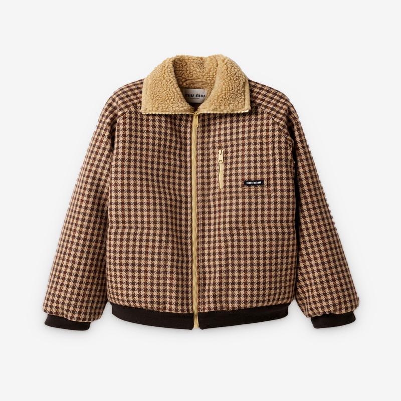 Miu Miu - Womens Fleece-lined Checked Blouson Jacket - (Camel/Cocoa Brown)
