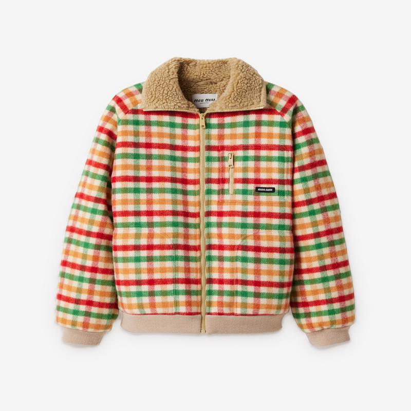 Miu Miu - Womens Fleece-lined Checked Blouson Jacket - (Red/Green/Soy Green)