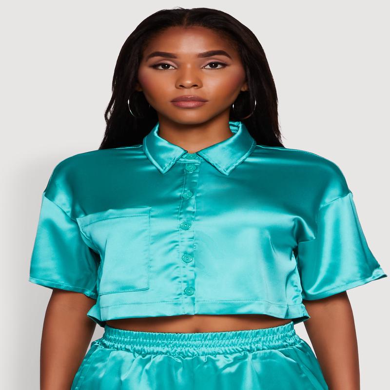 Elegant Cropped Satin Button Front Shirt