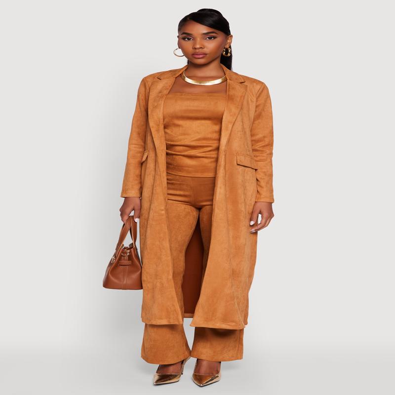 Faux Suede Open Front Long Coat
