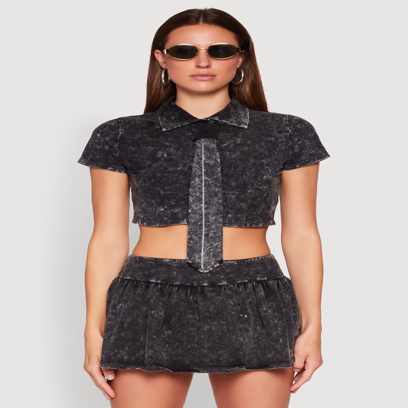 Mineral Wash Crop Top with Necktie