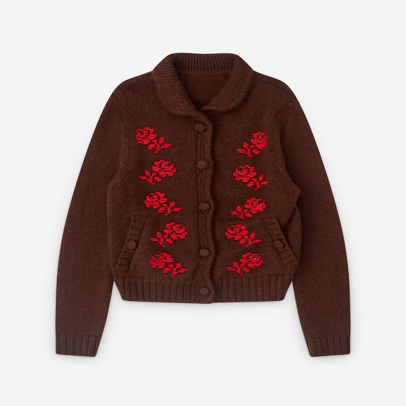 SHUSHU/TONG - Womens Embroidered Floral Cardigan - (Brown)