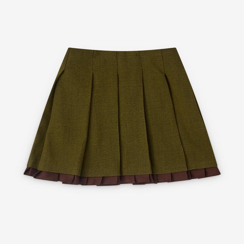 SHUSHU/TONG - Womens Patchwork Lace Wide Pleat Skirt - (Green)