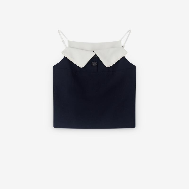 SHUSHU/TONG - Womens Turn-Down Collar Top - (Navy Blue)
