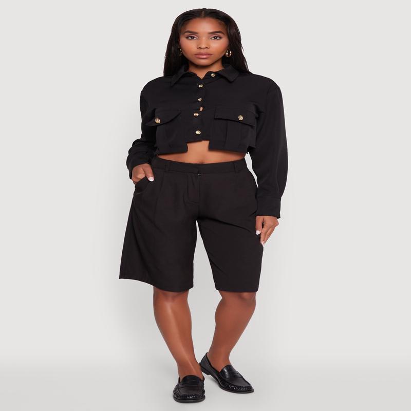 Classic Fit Solid Long Sleeve Shirt with Cropped Hem