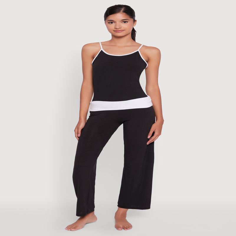 Contrast Trim Pajama Cami and Fold Over Pants Set