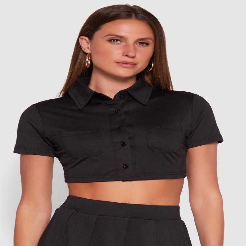 Short Sleeve Button Front Cropped Shirt