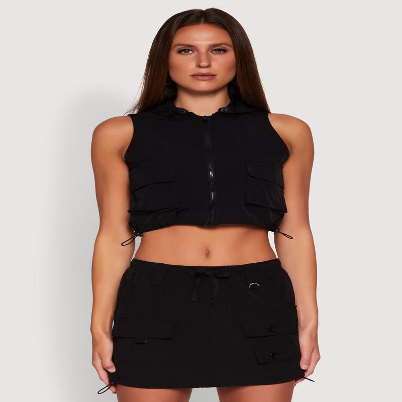 Nylon Utility Zip Front Hooded Top