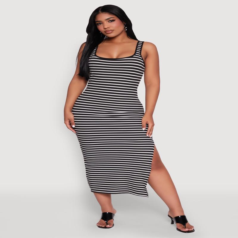 Striped Side Slit Tank Dress