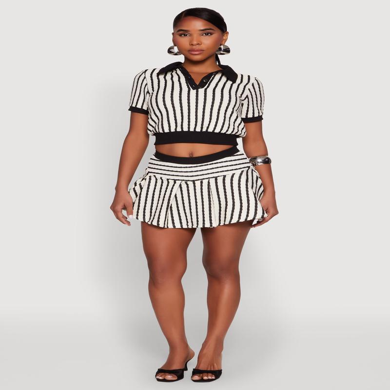 Textured Knit Striped Mini Skirt