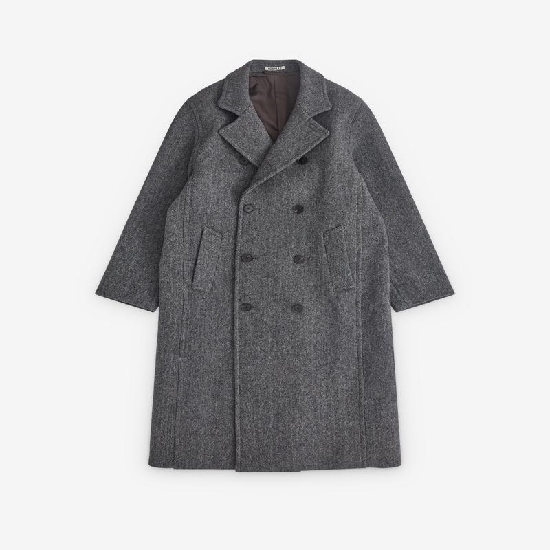 Auralee - Mens Shetland Wool Double Cloth Coat - (Grey Herringbone)