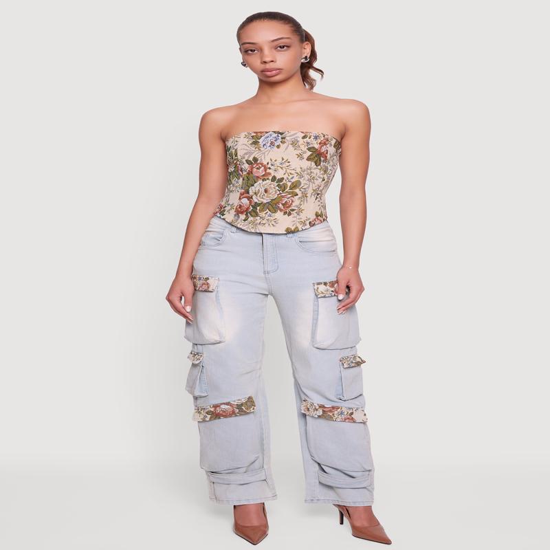 Floral Jacquard Lace Up Back Corset