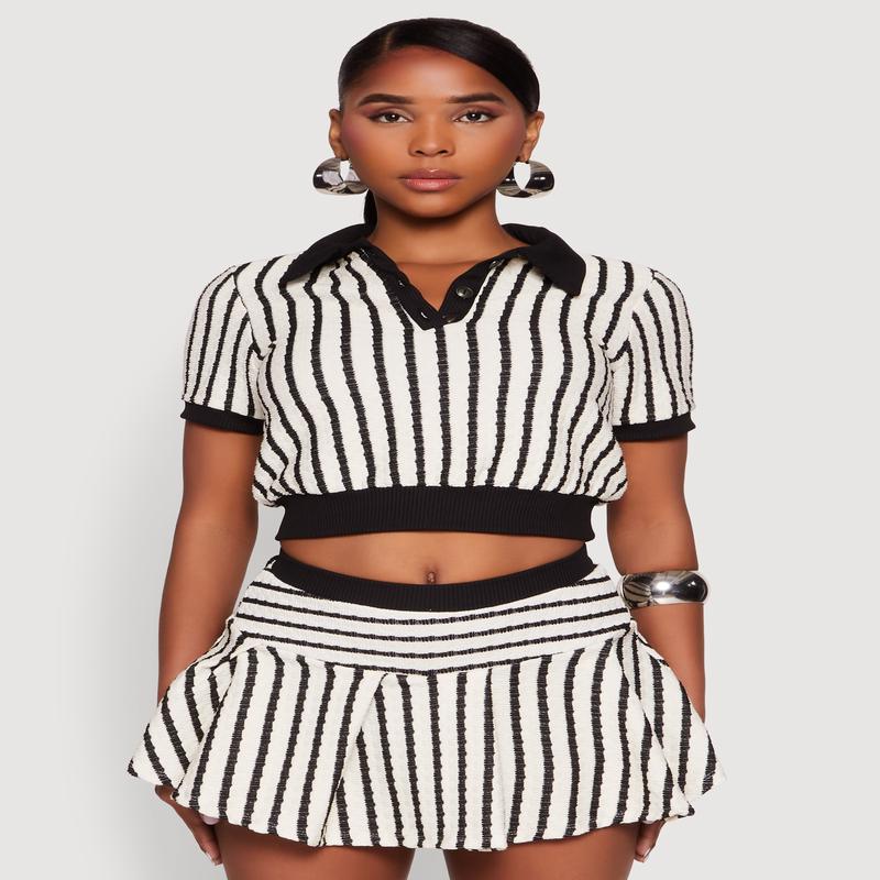 Textured Knit Striped Polo Shirt