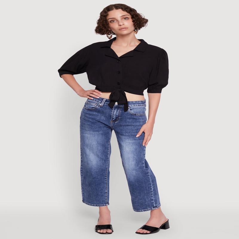 Tie Front Bubble Sleeve Cropped Blouse