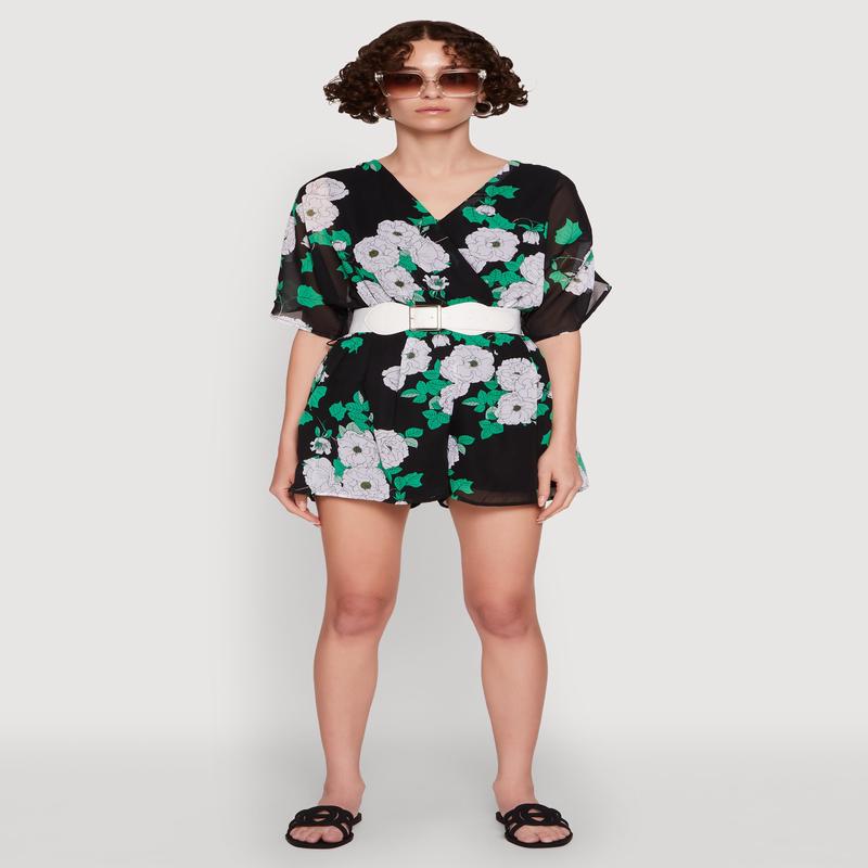 Chiffon Floral Print V Neck Wrap Romper with Belt