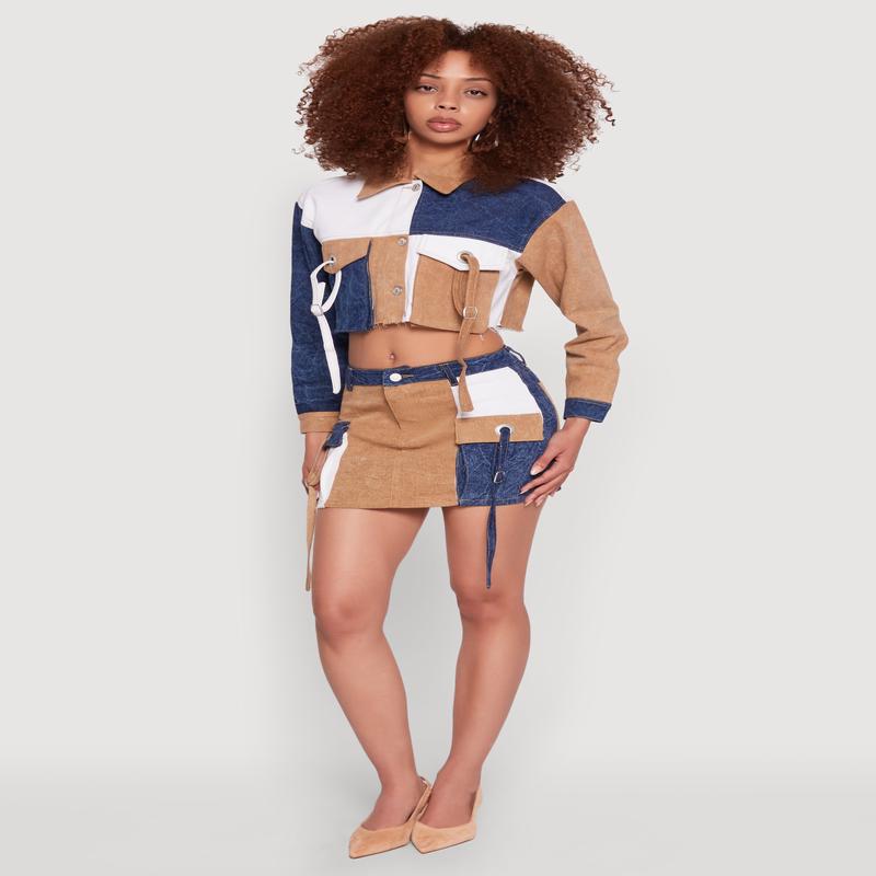 Color Blocked Denim Cargo Skirt