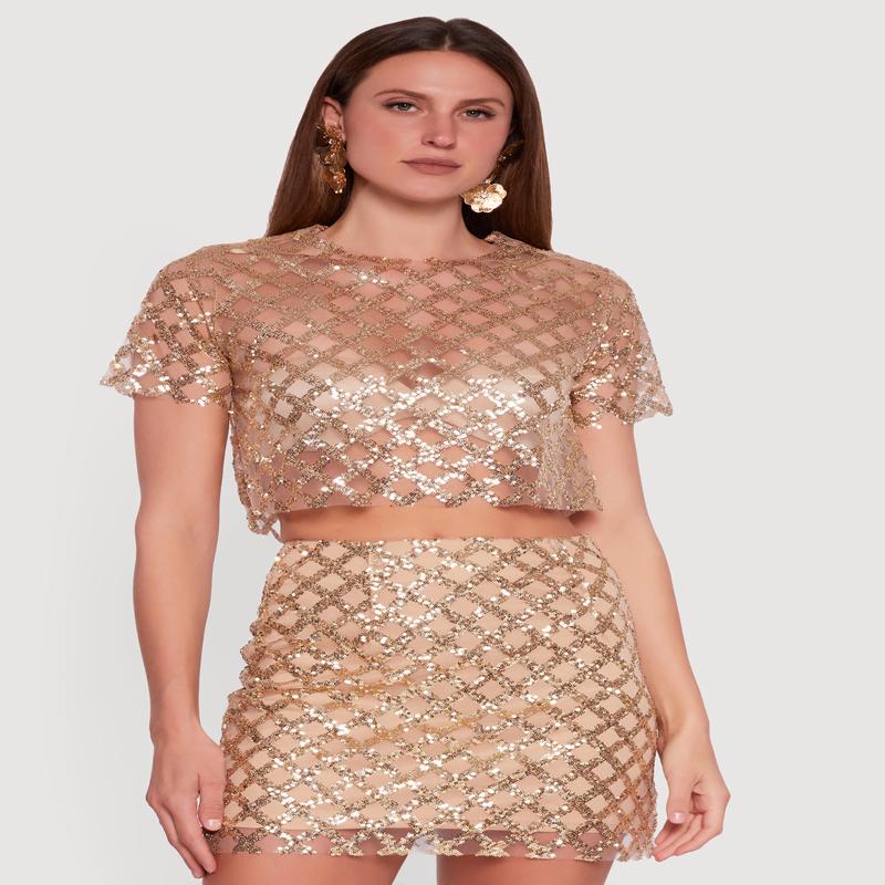 Geometric Sequin Mesh Crop Top