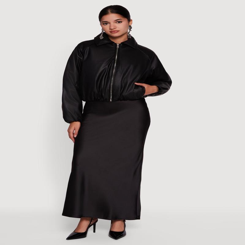 Faux Leather Zip Front Bubble Hem Jacket