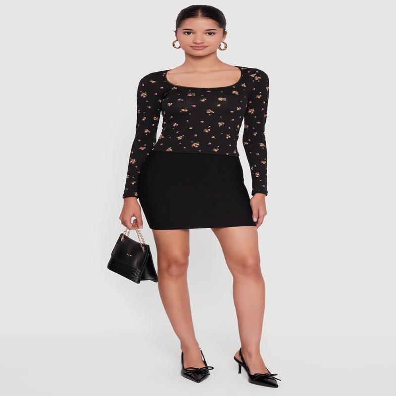 Floral Pointelle Long Sleeve Crop Top