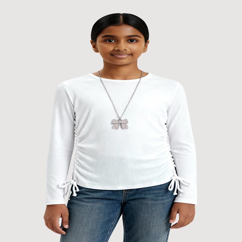 Girls Removable Rhinestone Bow Necklace Ribbed Knit Tee