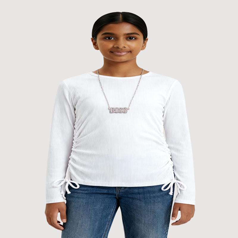 Girls Side Ruched Ribbed Knit Tee with Removable Necklace