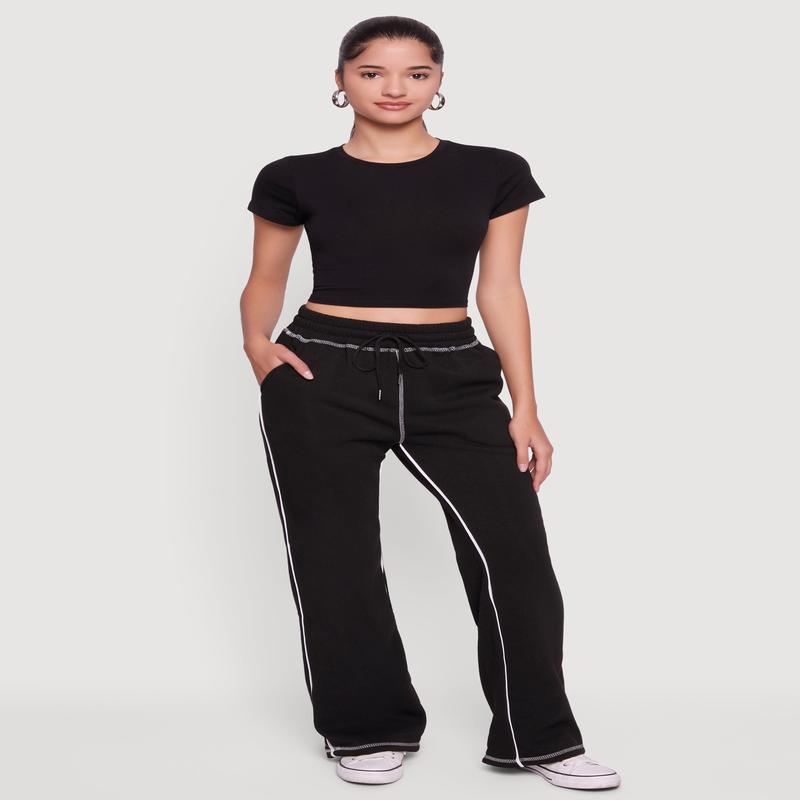 High Waisted Fleece Sweatpants with Contrast Piping