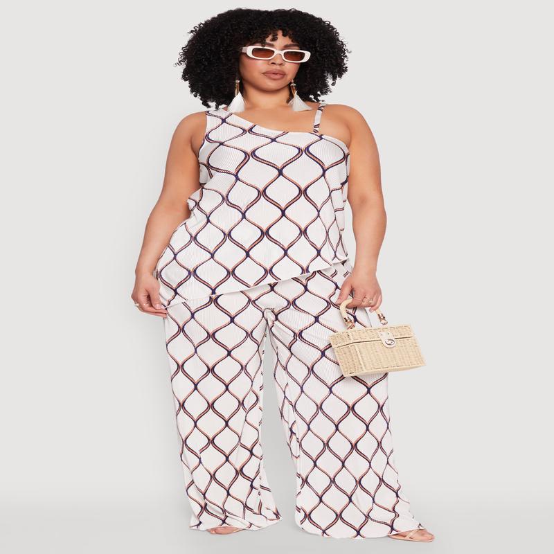 Plus Size Almost Famous Printed Plisse Wide Leg Pants
